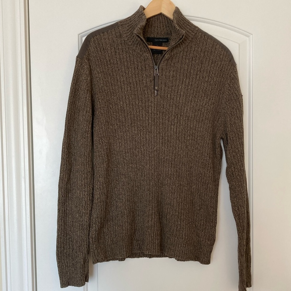 Calvin Klein Men's 1/4 Zip Khaki 100% Cotton Sweater Size Large EUC